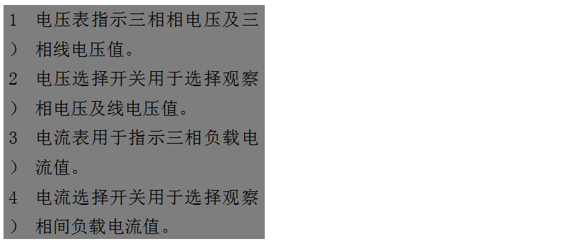 文本框: 1）	電壓表指示三相相電壓及三相線電壓值。
2）	電壓選擇開關(guān)用于選擇觀察相電壓及線電壓值。
3）	電流表用于指示三相負(fù)載電流值。
4）	電流選擇開關(guān)用于選擇觀察相間負(fù)載電流值。
5）	運(yùn)行時間表用于指示柴油發(fā)電機(jī)組的累計運(yùn)行時間。
6）	機(jī)油壓力表用于指示機(jī)組運(yùn)行時的機(jī)油壓讀數(shù)。
7）	水溫表用于指示冷卻液溫度數(shù)值。
8）	頻率/轉(zhuǎn)速表用于指示輸出電力的頻率和機(jī)組的轉(zhuǎn)速。
9）	電池電壓表用于指示電池的充電電壓。


